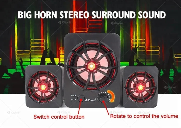 Green 2.1 USB computer speaker with colourful LED lights and 150cm cable