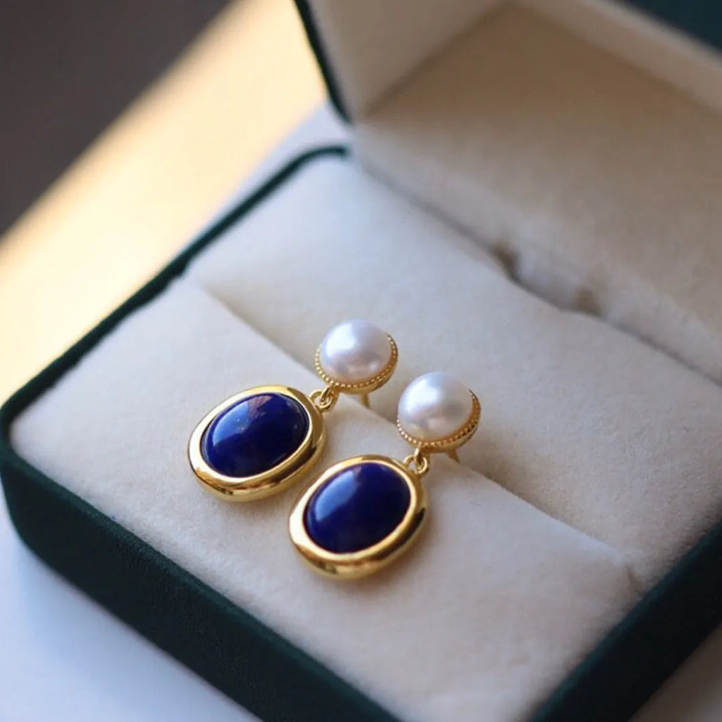 Lapis lazuli pearl drop earrings in sterling silver with auspicious pattern detailing