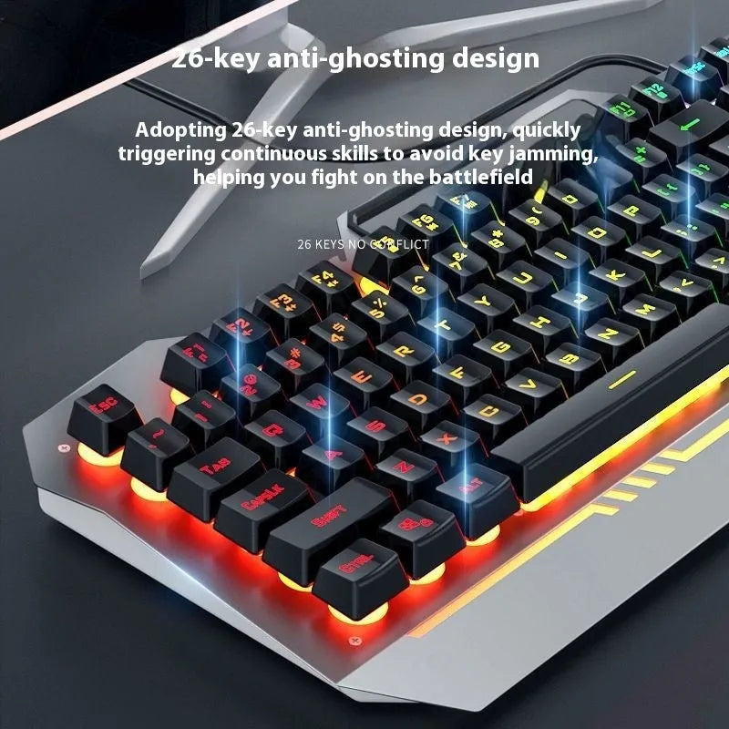 Black and white wired gaming keyboard, mouse, headset, and mouse pad bundle with LED backlighting.