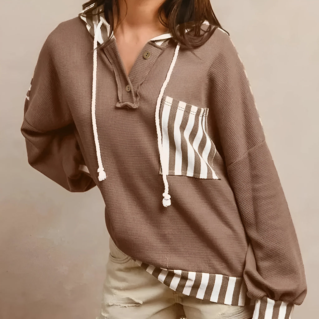 Straw yellow striped patchwork hoodie with button neck and drawstring hood in waffle texture fabric