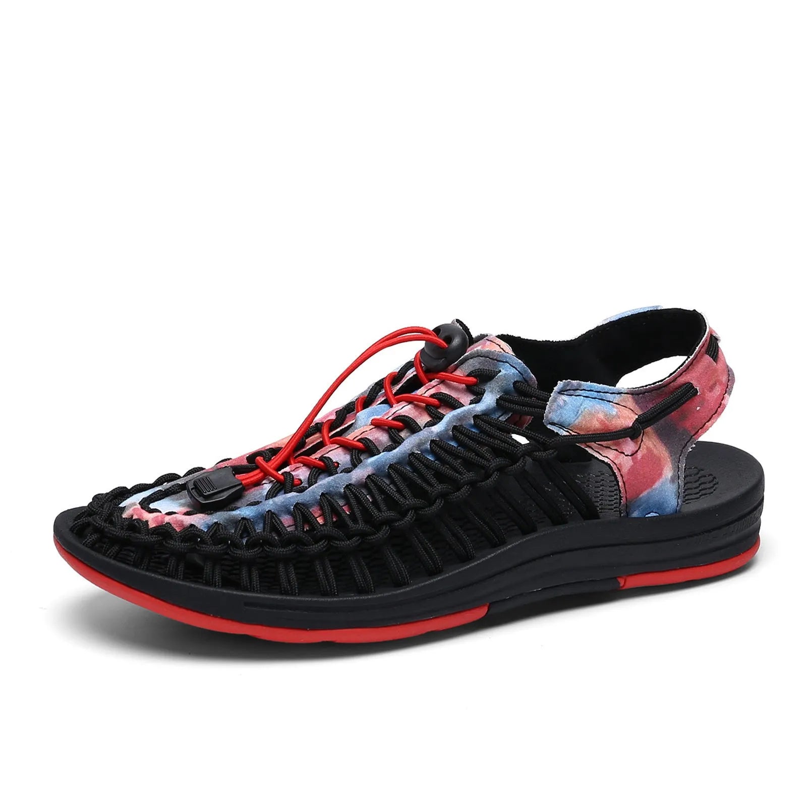 Elastic drawstring woven sandals in rainbow colour with rubber sole and baotou front design