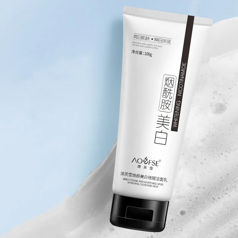 White facial cleanser bottle for whitening and freckle removal with pore cleansing properties