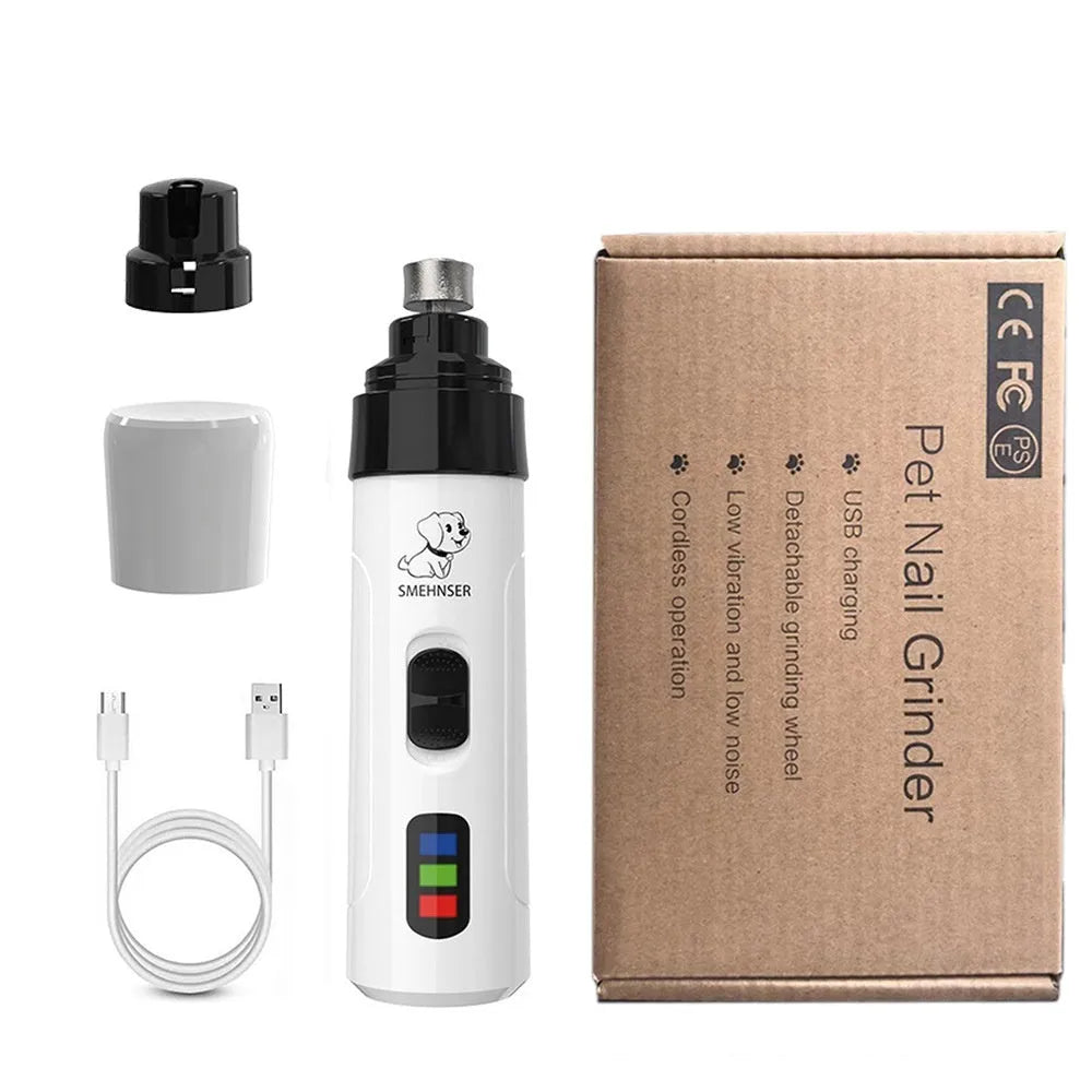 Electric dog nail trimmer with LCD display showing power levels and dust collection system