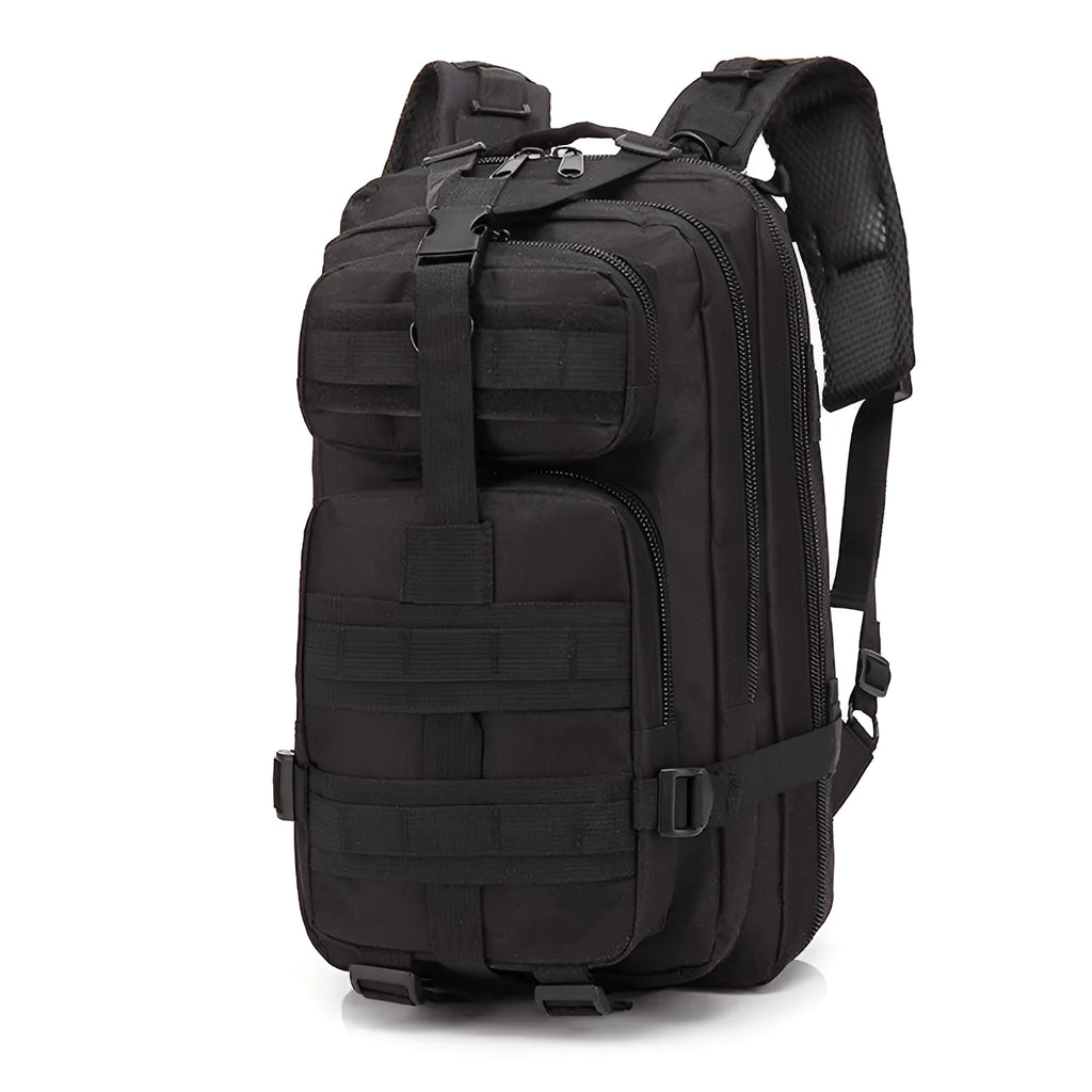 Large khaki coloured off-road hiking backpack with adjustable straps and multiple compartments.
