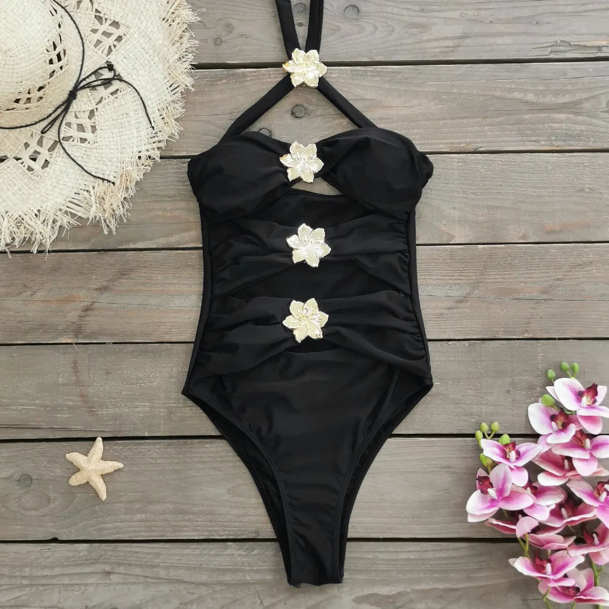 Women's solid colour one-piece swimsuit with matching short skirt, high-waisted design with hollow-out tube top