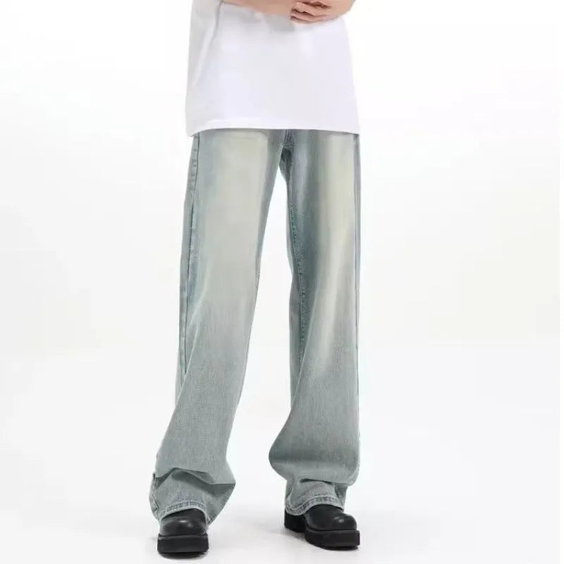 Blue retro-style loose fit trousers made from rabbit fur fabric on a neutral background.