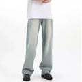 Blue retro-style loose fit trousers made from rabbit fur fabric on a neutral background.
