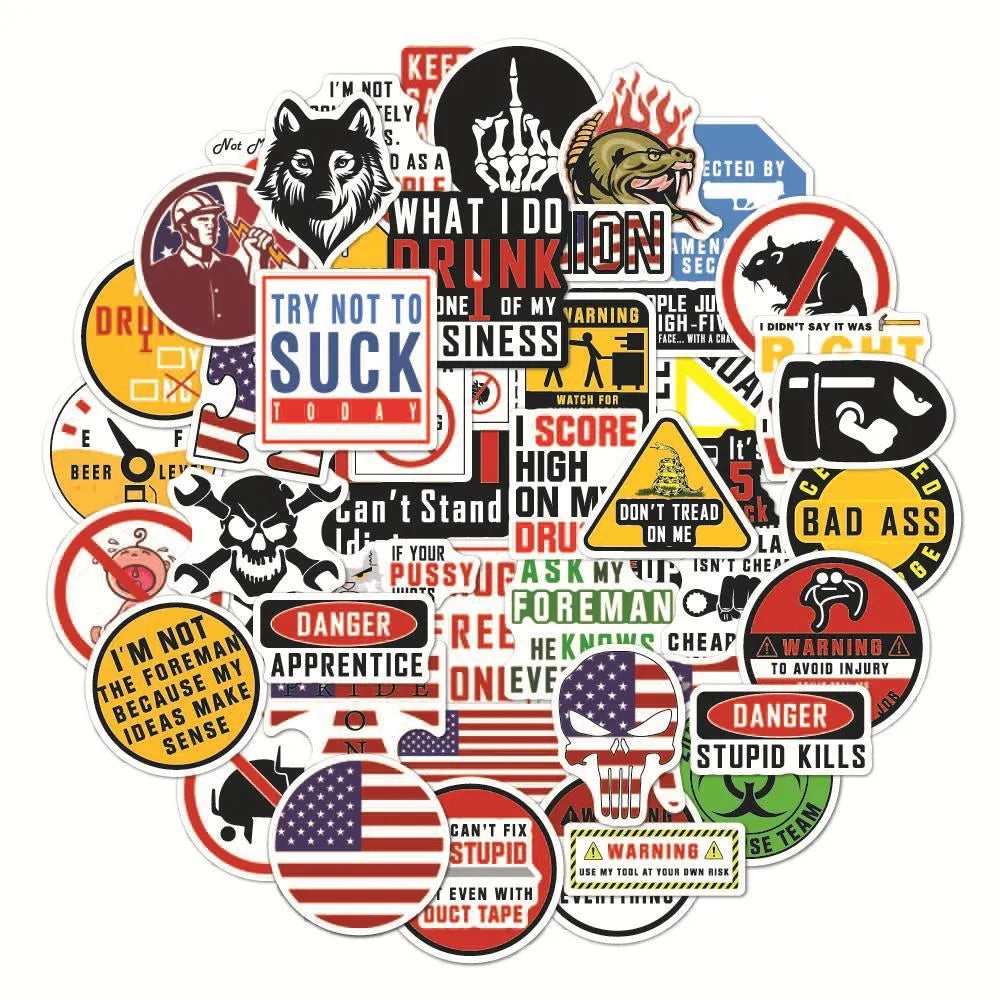 Pack of 50 waterproof PVC warning stickers for motorcycle helmets and skateboards featuring four-colour graffiti style printing