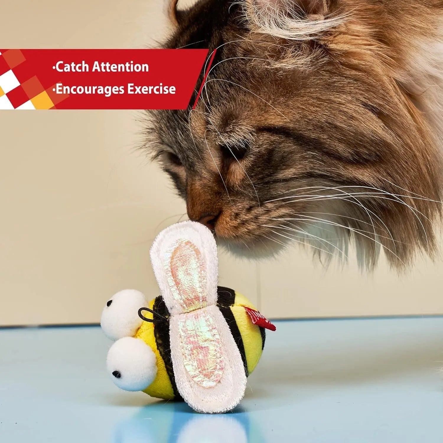 Yellow bee-shaped interactive cat toy with motion-activated squeaking function