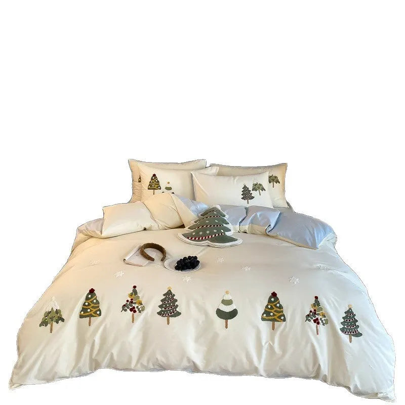 Christmas tree embroidered cotton bed linen four-piece set in cream blue and green colour options