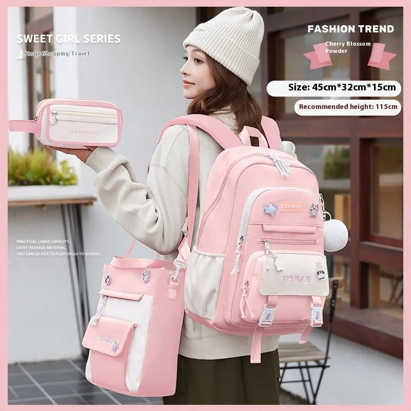 Girls waterproof Oxford cloth school backpack with curved straps and spine protection in solid colours for grade 5-6 students
