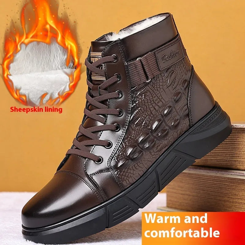 Black genuine leather snow boots with fur lining and lace-up front