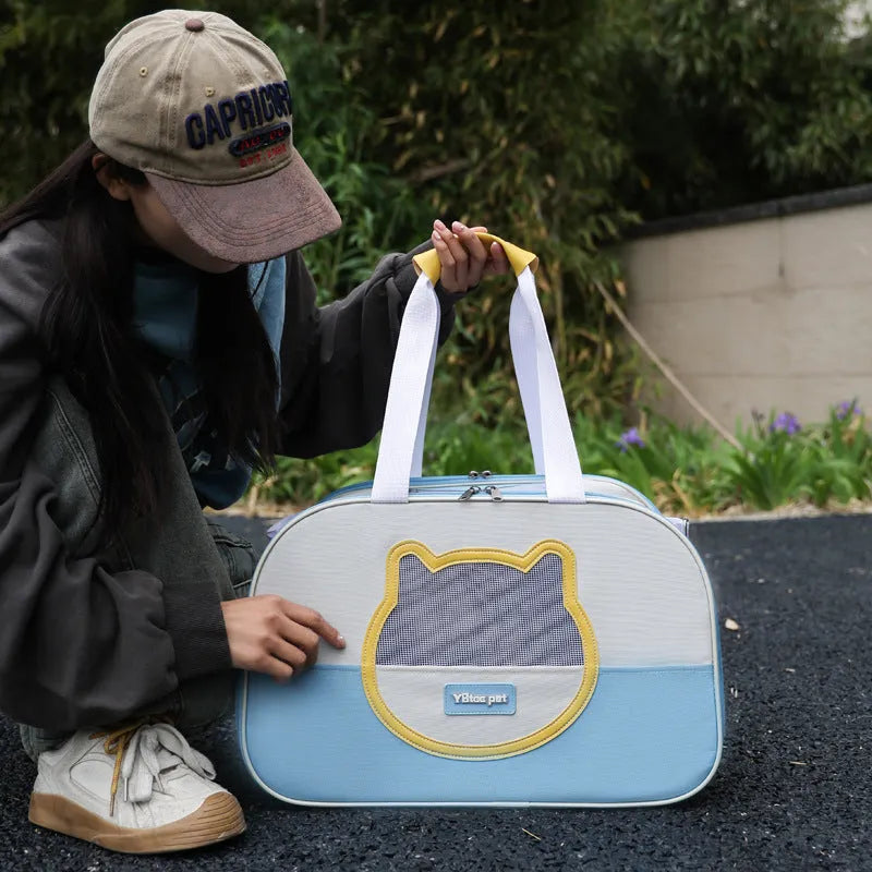 Oxford cloth foldable cat backpack in blue colour with mesh ventilation panels
