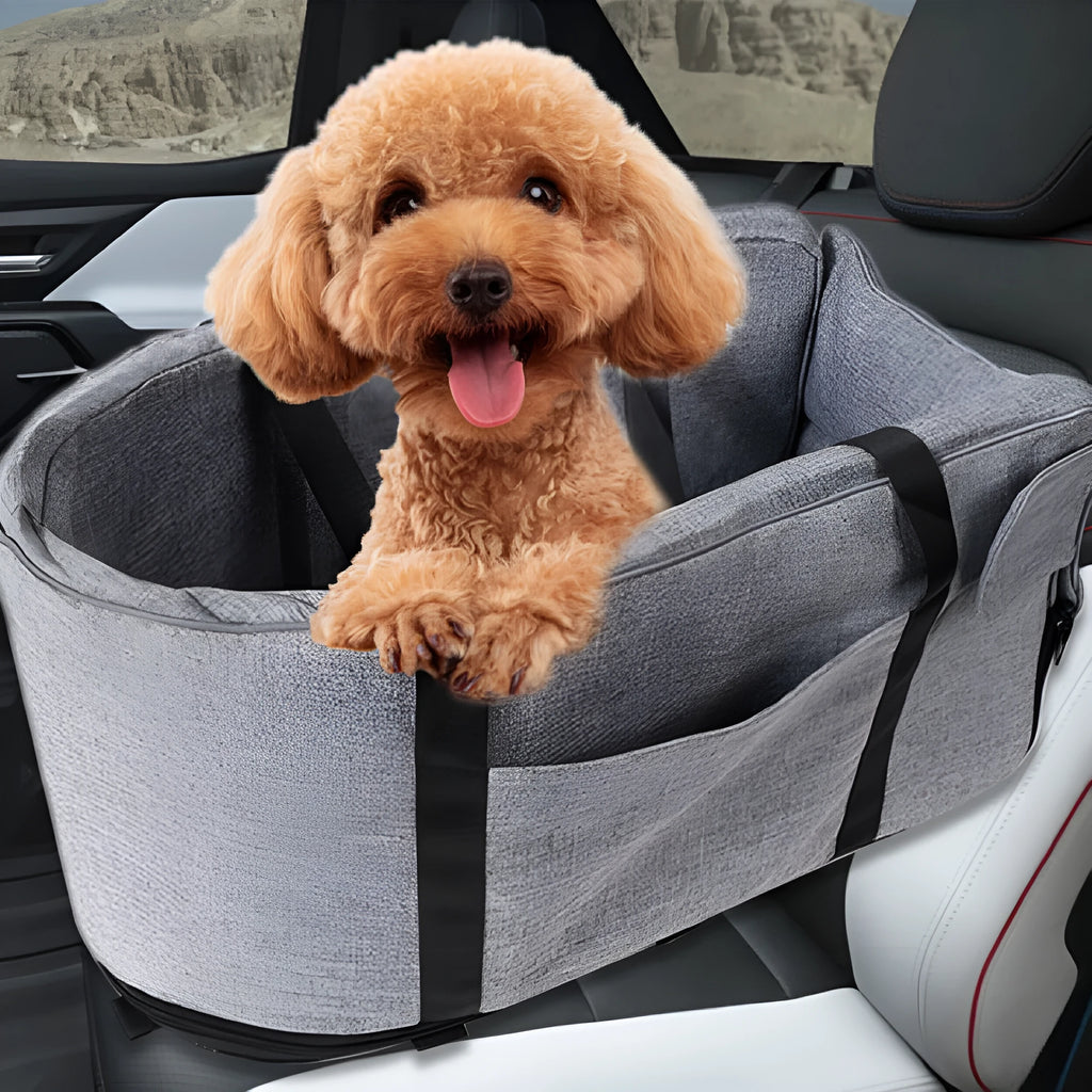 Outdoor cloth dog kennel shown in grey mesh, suitable for car and garden use across all four seasons.