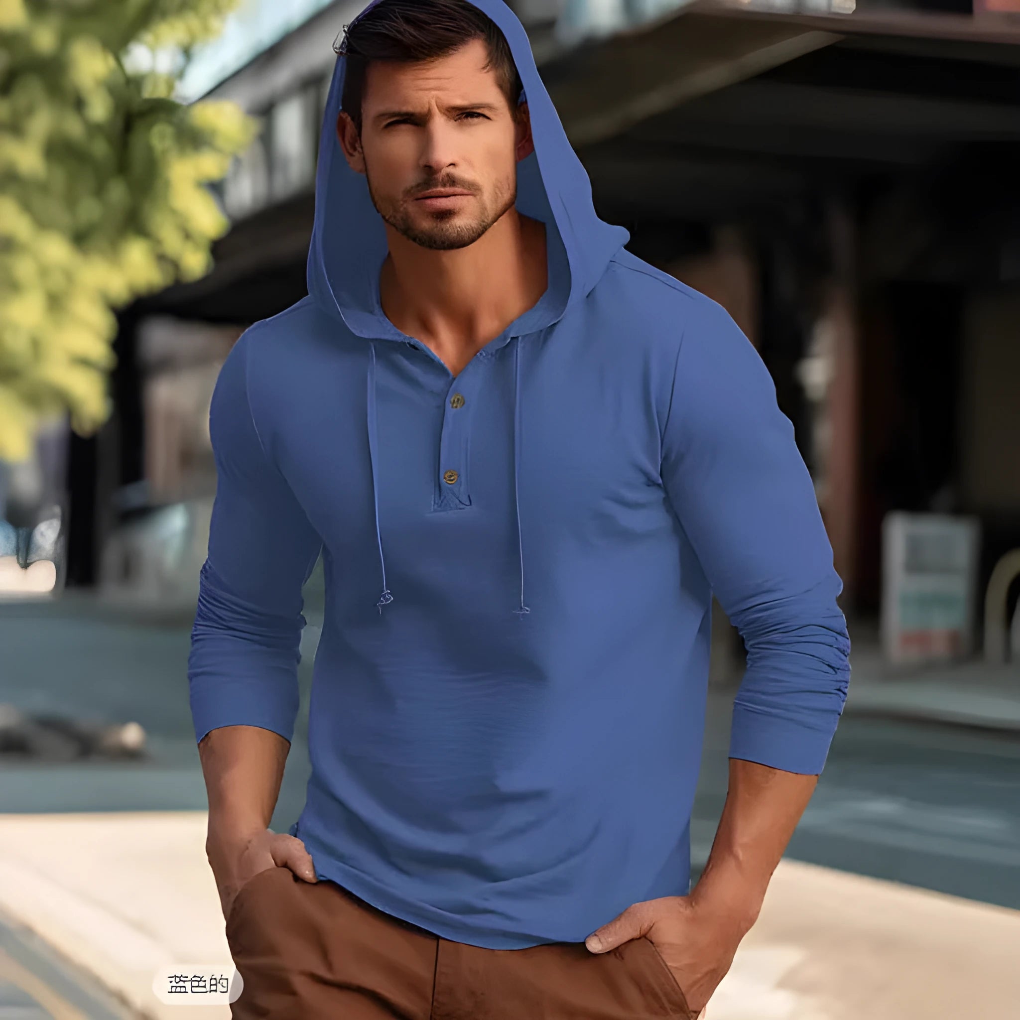 Men's dark blue cotton pullover hoodie with a hood and long sleeves on a hanger.