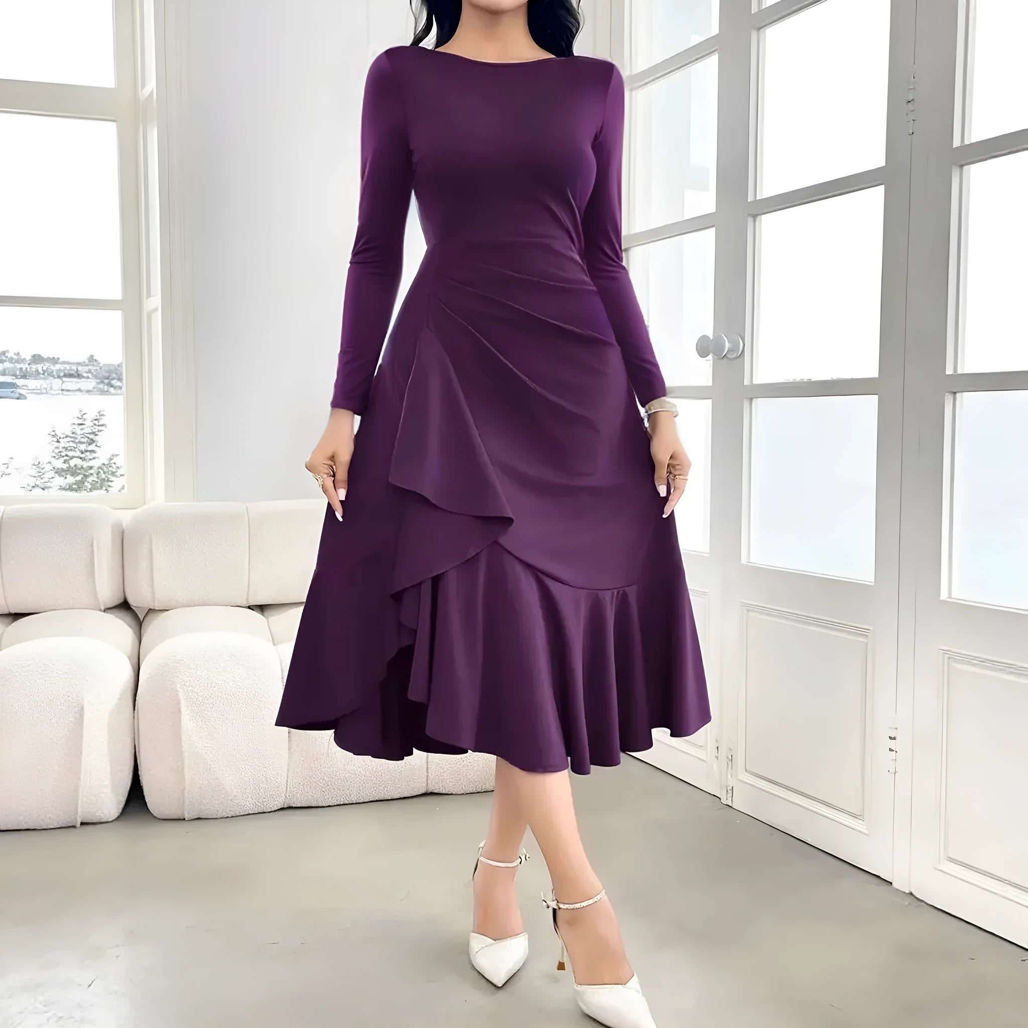 Purple women's long sleeve pullover dress with round neck and ruffle details on a mid waist.