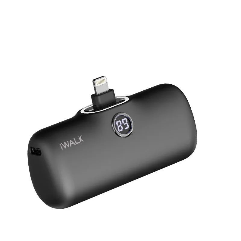 Compact cylindrical lipstick-style power bank showing colour options and display screen.