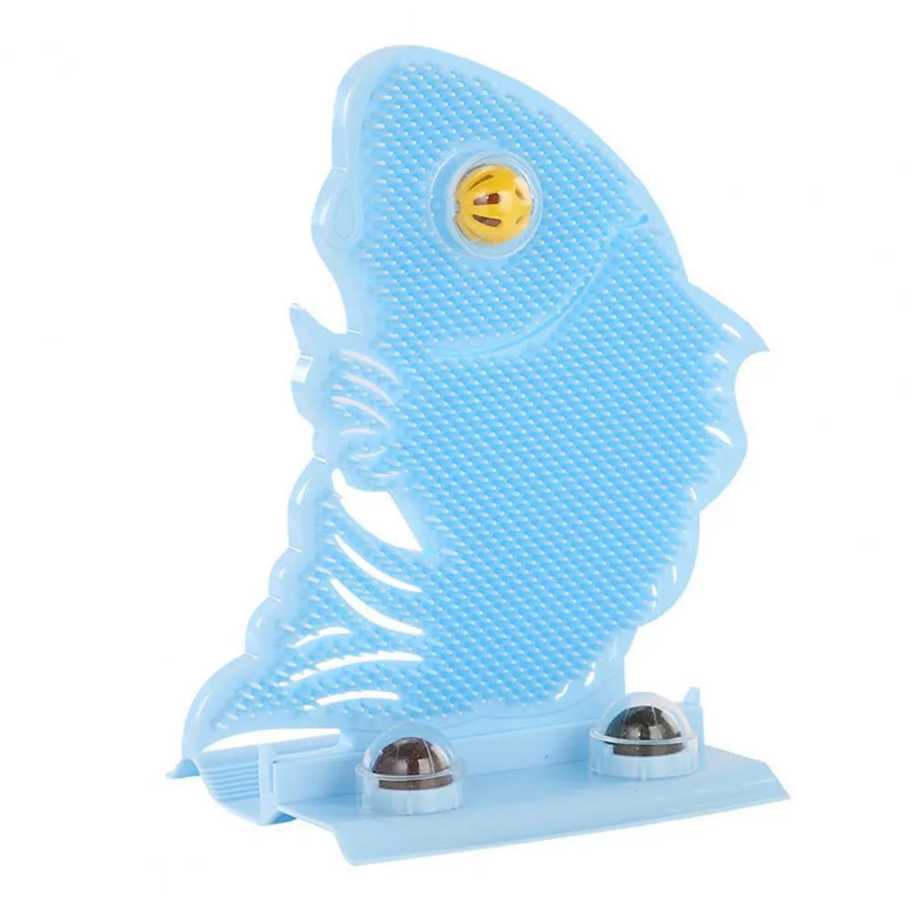 Plastic cat wall scratcher fish shape 31cm with self-grooming brush and catnip balls