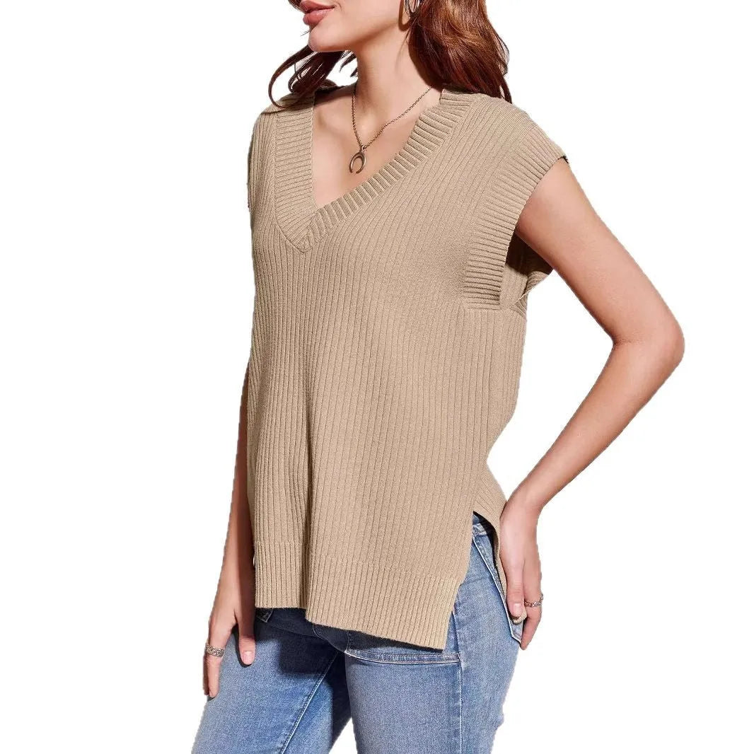 Women's camel coloured V-neck sleeveless vest with loose fitting viscose fabric