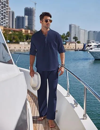 Men's casual cotton trousers suit set in solid colour with long sleeve top