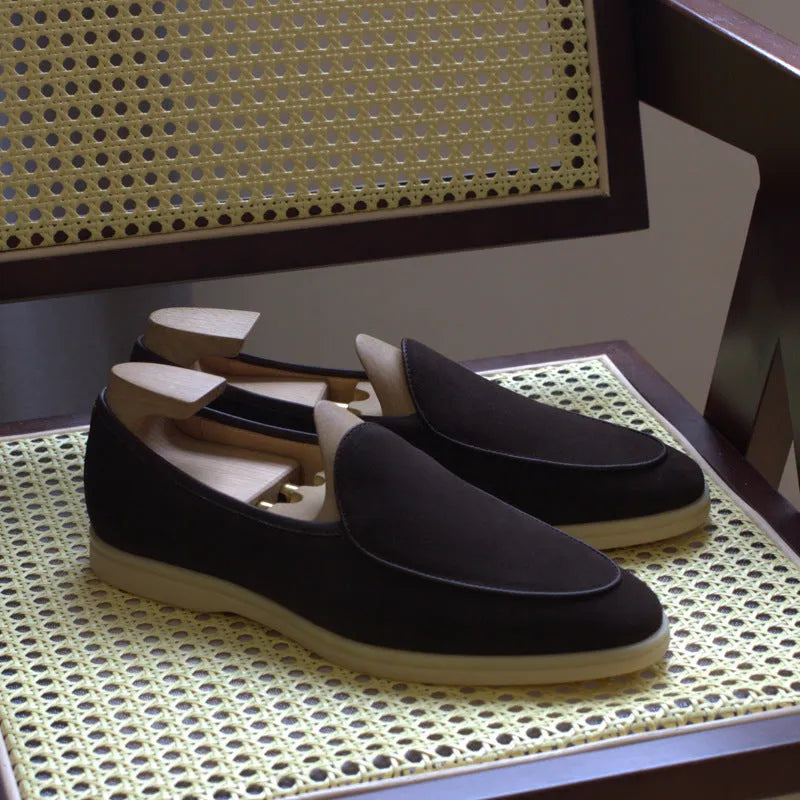 British handmade men's leather loafers in brown with a low tube ankle and TPR sole.