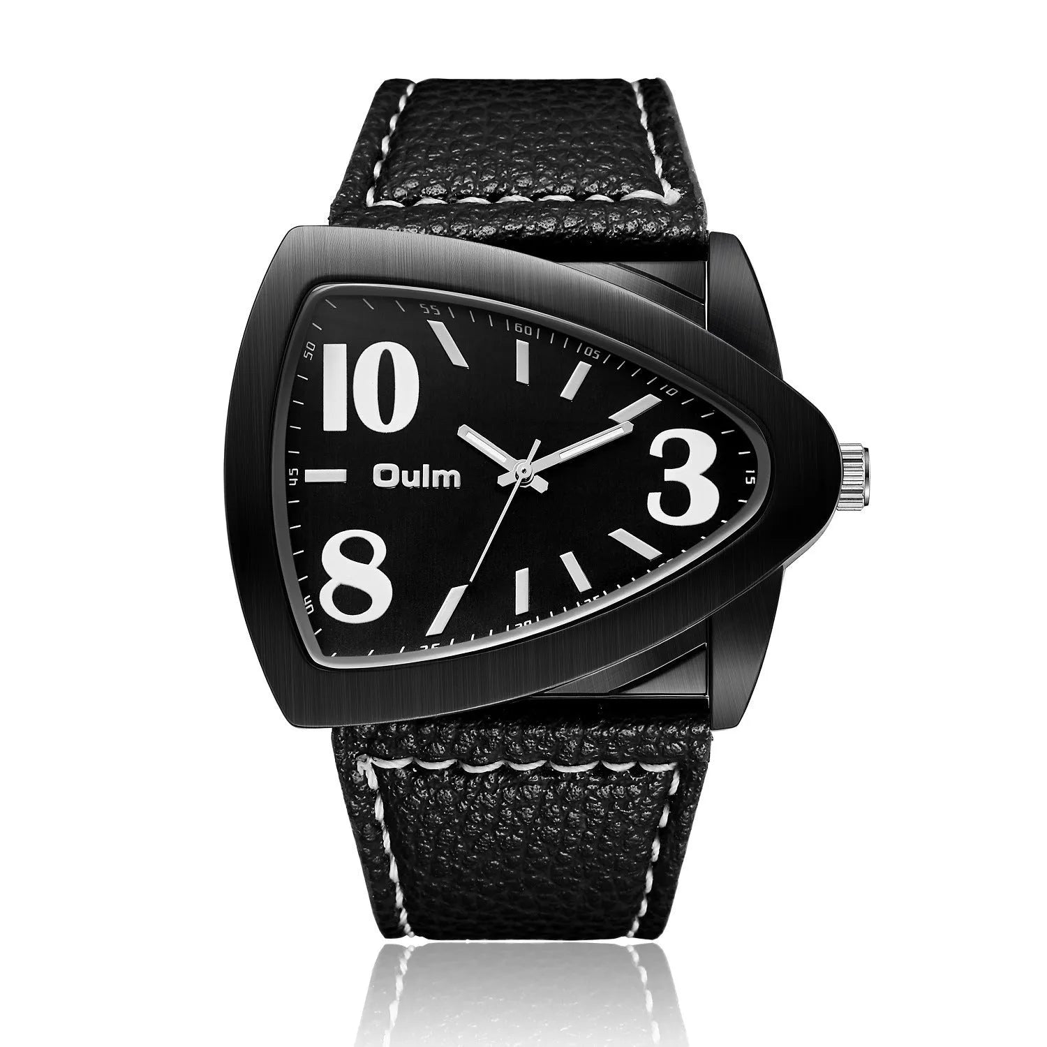Men's casual triangle pattern leather strap quartz watch with 9mm slim profile