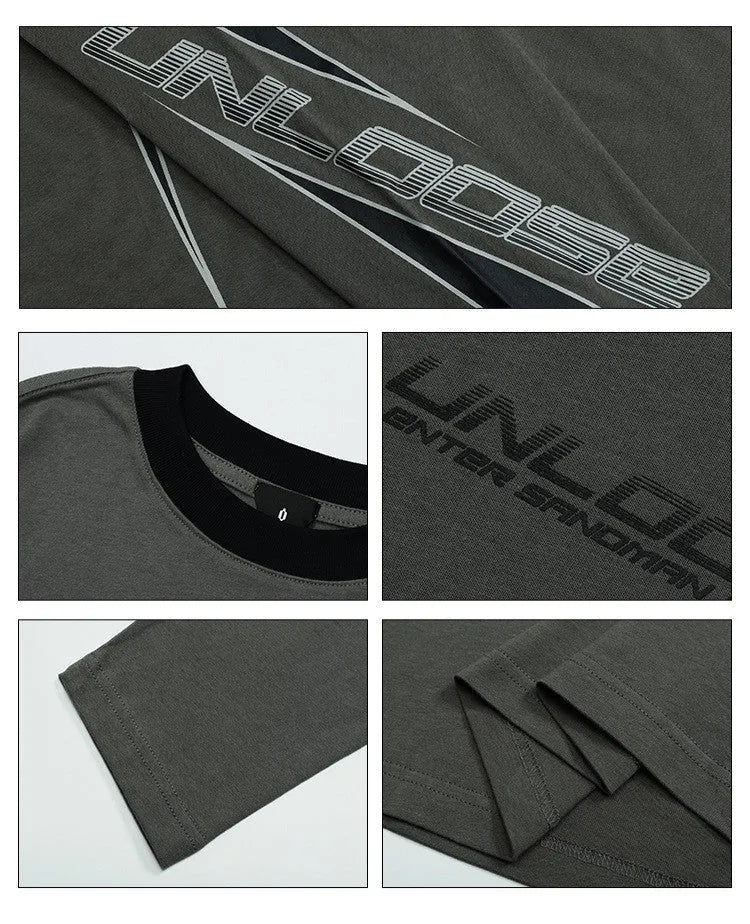 A man's grey khaki cotton pullover with drop shoulders, long sleeves, a round neck, and a printed letters pattern.