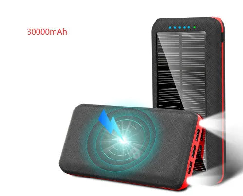 Black wireless solar power bank with Qi charging pad, three USB ports and an LED flashlight