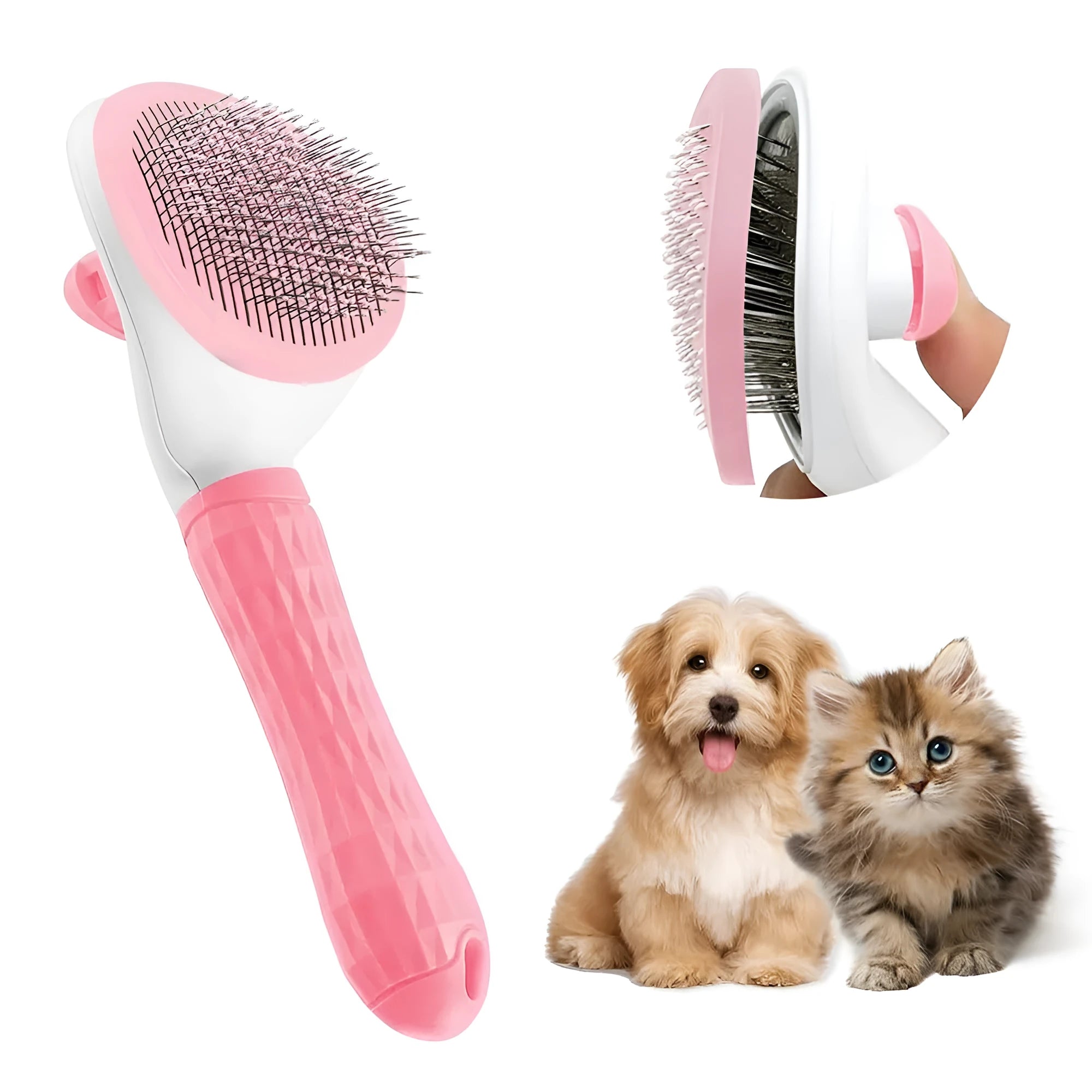 Cat grooming brush with release button in blue, grey, or pink with fine wire bristles