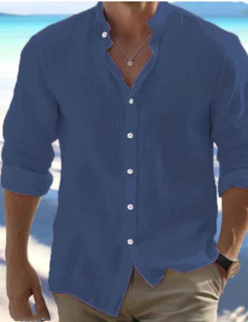 Men's light grey long-staple cotton pullover shirt on a hanger