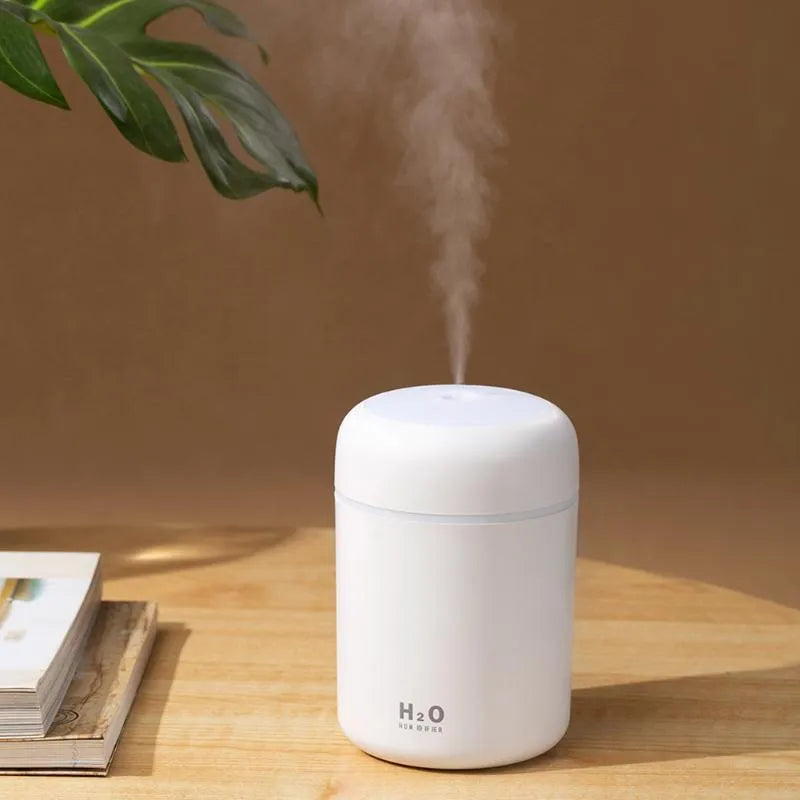Pink USB mini humidifier with LED lights and water tank on desk