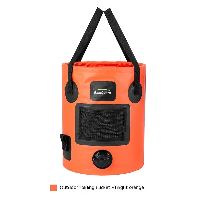 Outdoor portable folding fishing bucket in lemon yellow colour showing 25L capacity and foldable design