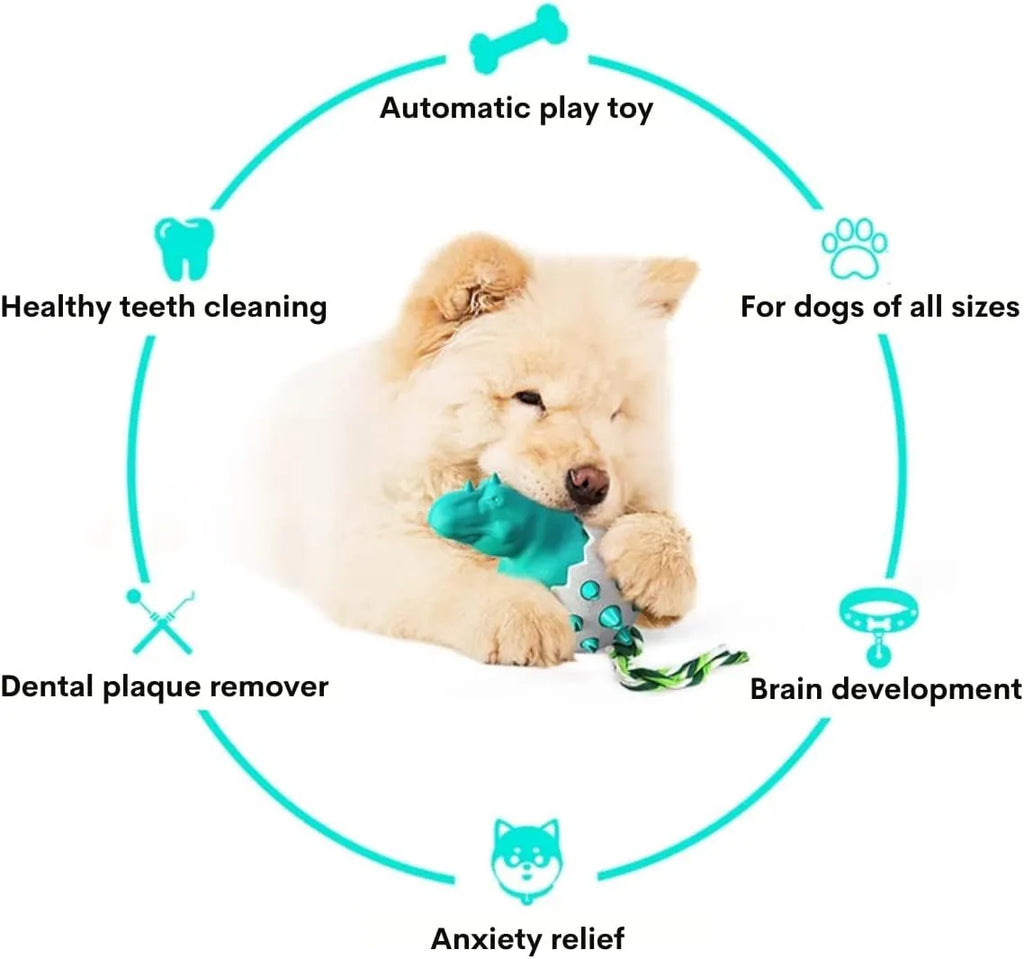 Durable dinosaur-shaped dog teething toy with rope attachment in blue, green, orange or yellow