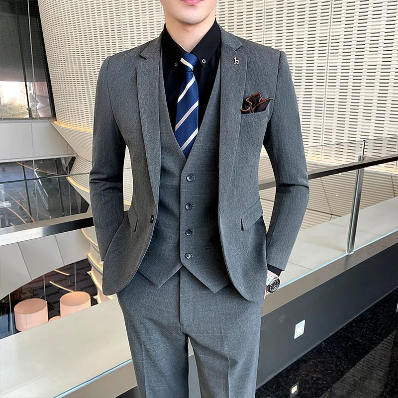 Slim fit British style business suit for men in black or dark grey cotton blend fabric