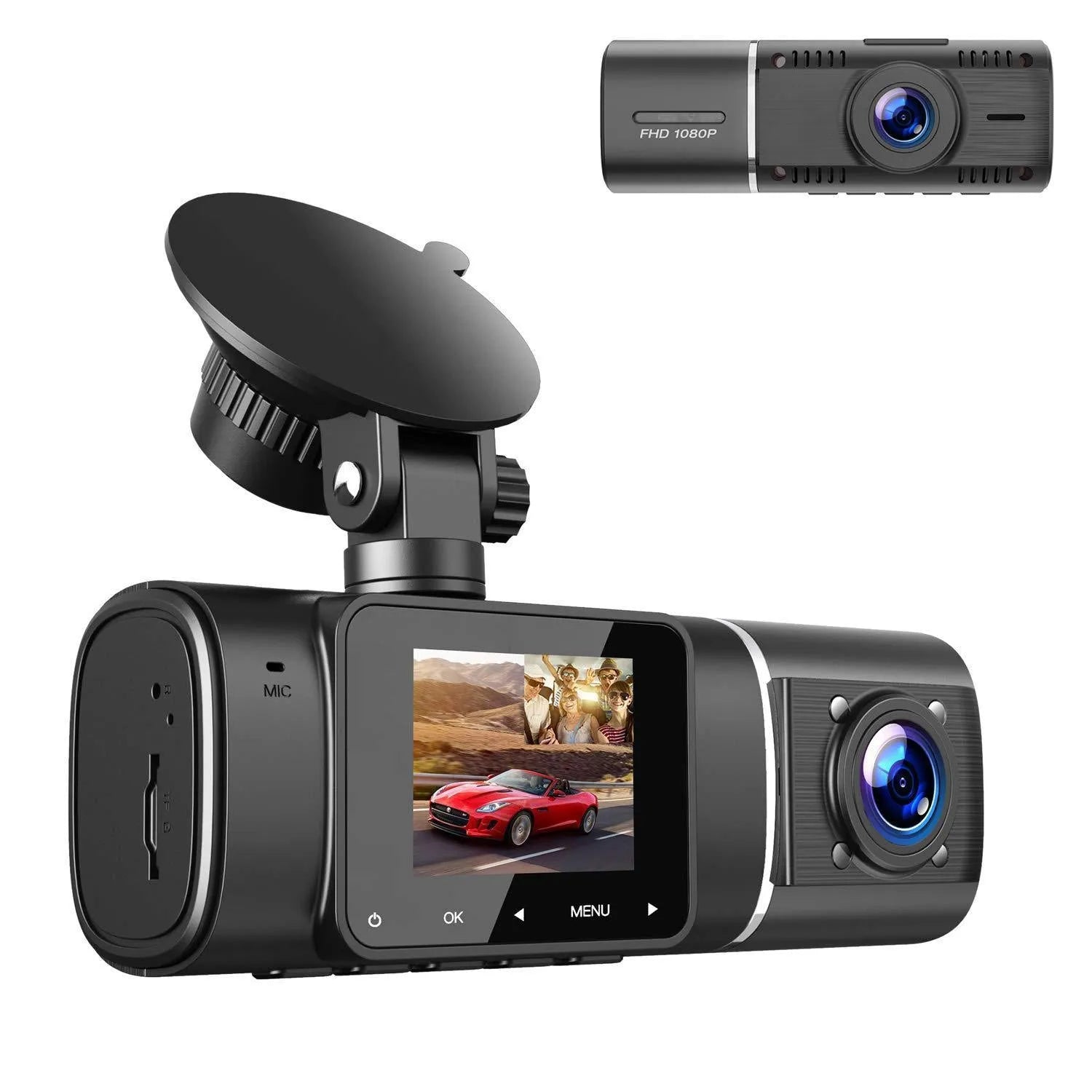 Black dashcam car camera with wide-angle lens, 1.5-inch screen, and mounting stand