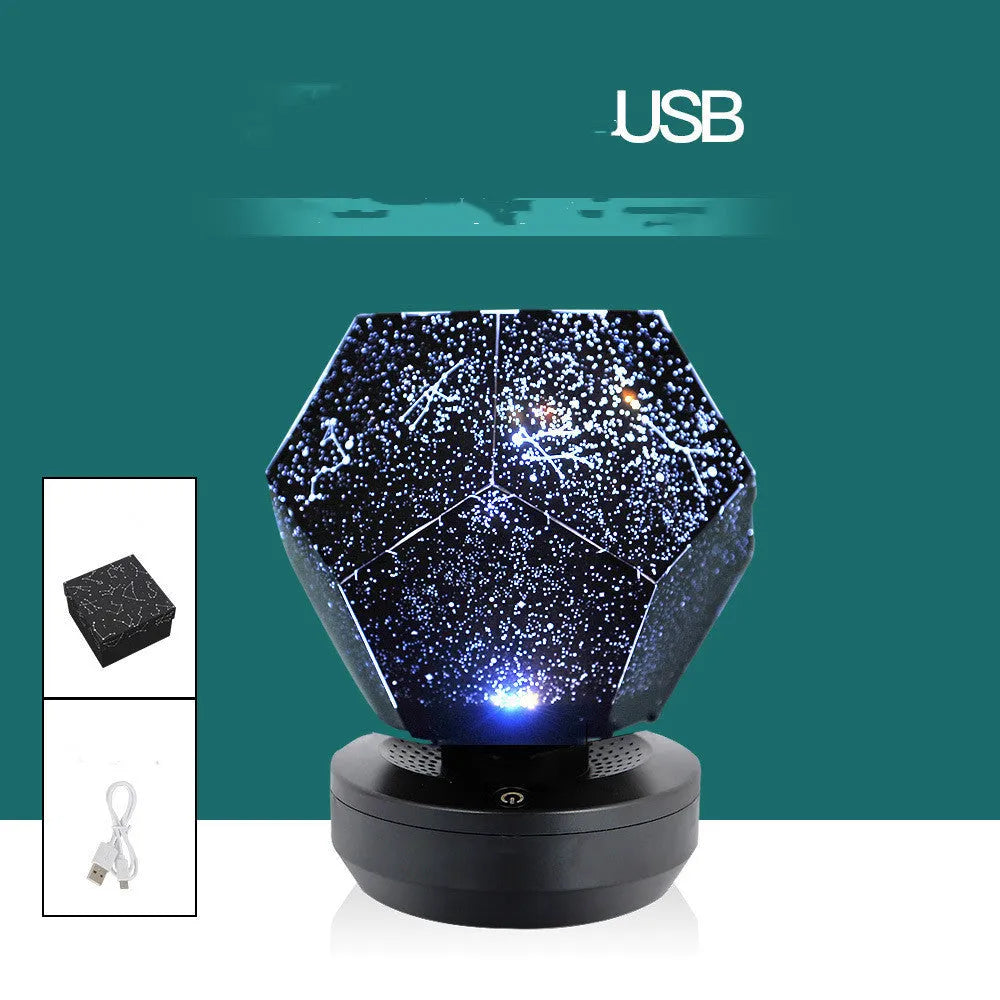 LED star projector showing 3D constellation projection on bedroom ceiling with remote control