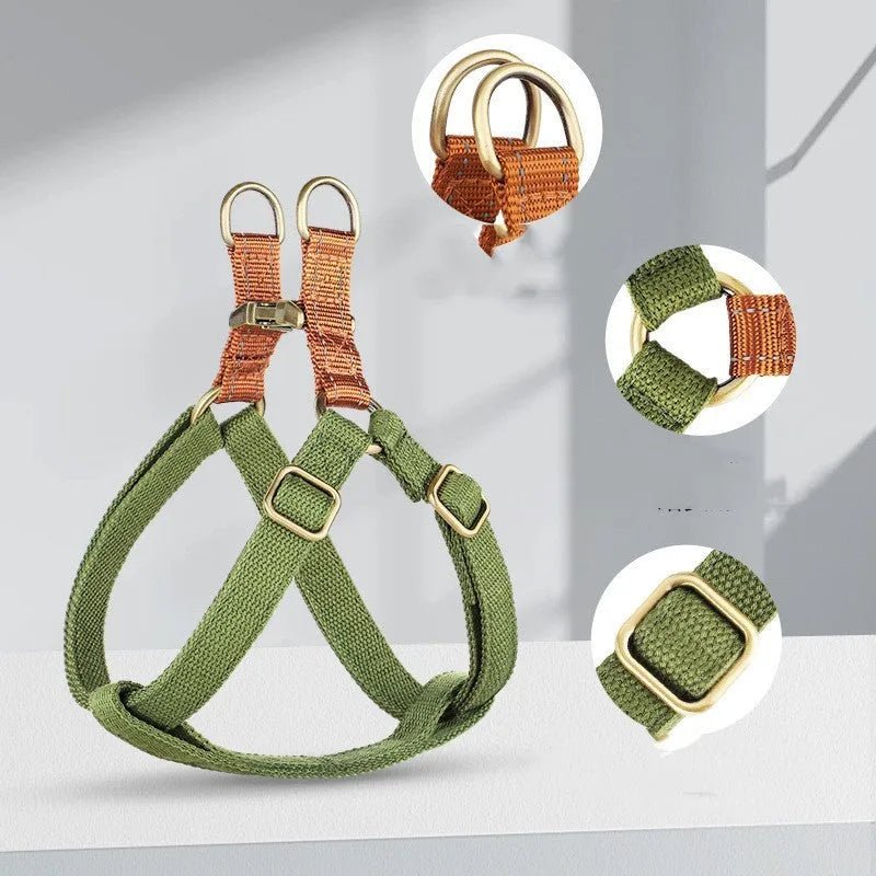 Brown vest-style dog harness on small dog showing cotton belt material and alloy fastener