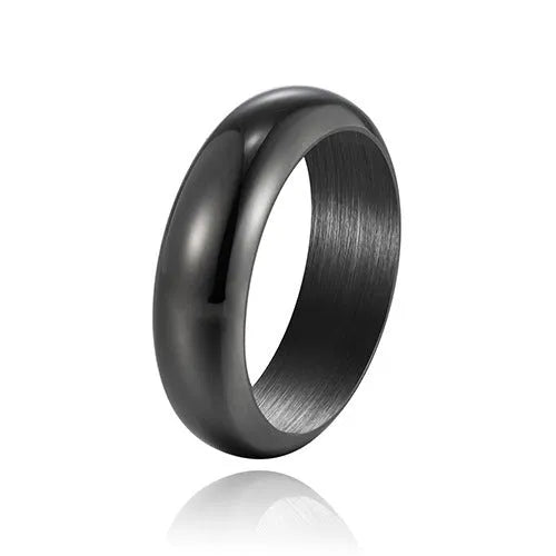 Glossy electroplated titanium steel ring shown in gold, black, and steel colour finishes on a grey background.