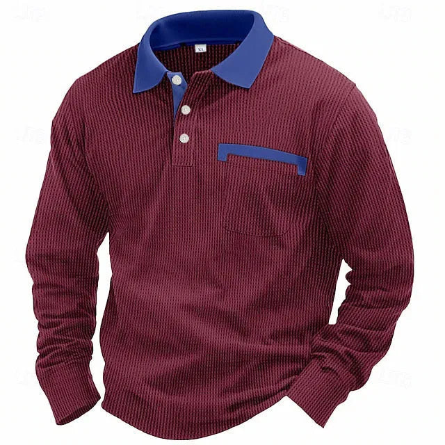 Man modelling a long-sleeved waffle-texture polo shirt in a loose, retro style.