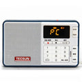 Tecsun Q3 white digital audio player with buttons and speaker grille.