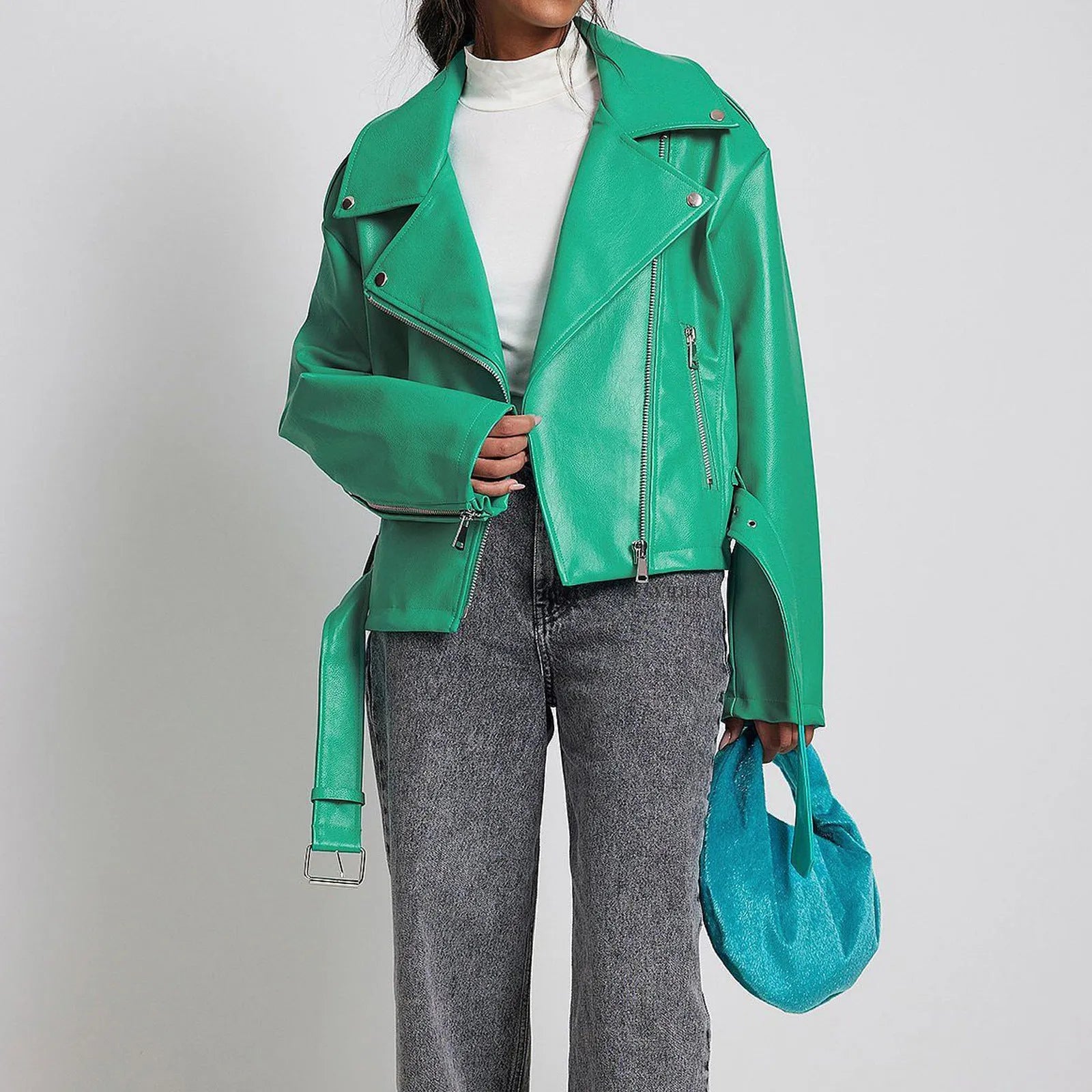 Punk style short jacket with a Peter Pan collar and drawstring waist in black, blue, or green.
