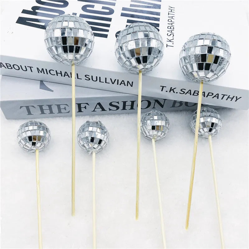 Glass disco ball cake decoration with wooden stick in various sizes from 2.5cm to 5cm