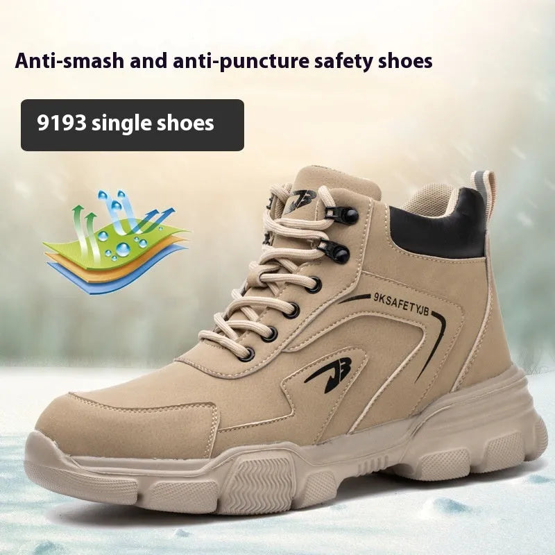 Brown leather anti-smashing labour protection shoes with rubber sole for workplace safety