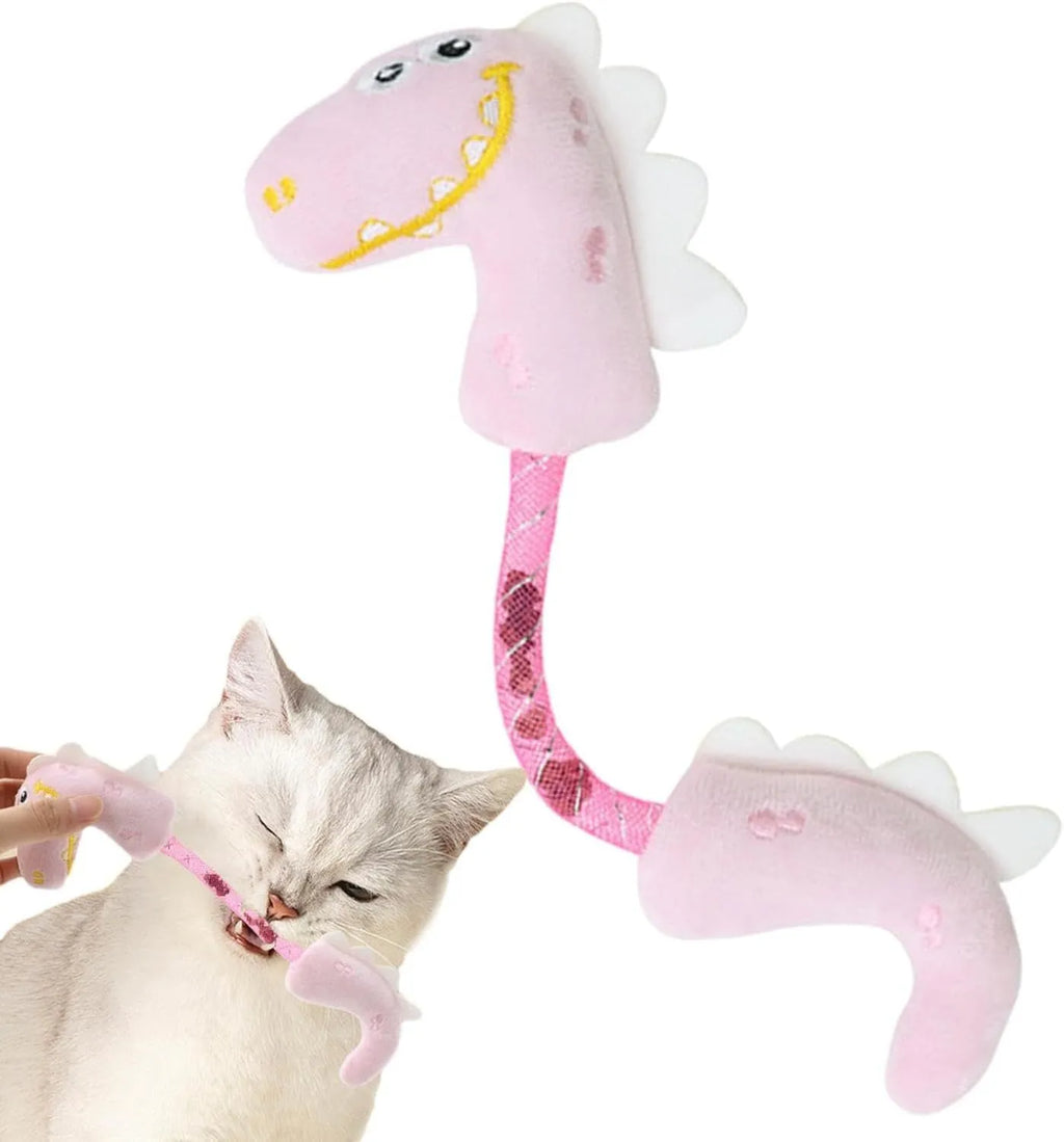 Set of four cat toys: plush fish, mouse, bunny, and a catnip rope on a pink background.