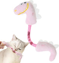 Set of four cat toys: plush fish, mouse, bunny, and a catnip rope on a pink background.