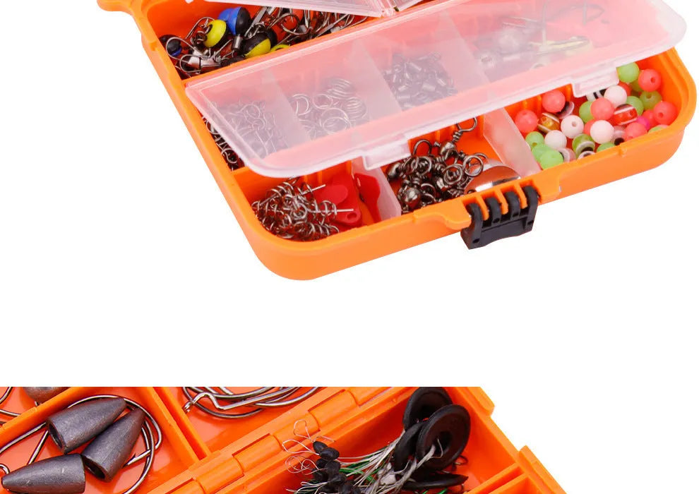 Orange ABS plastic box open to show compartments filled with fishing hooks and lure accessories.