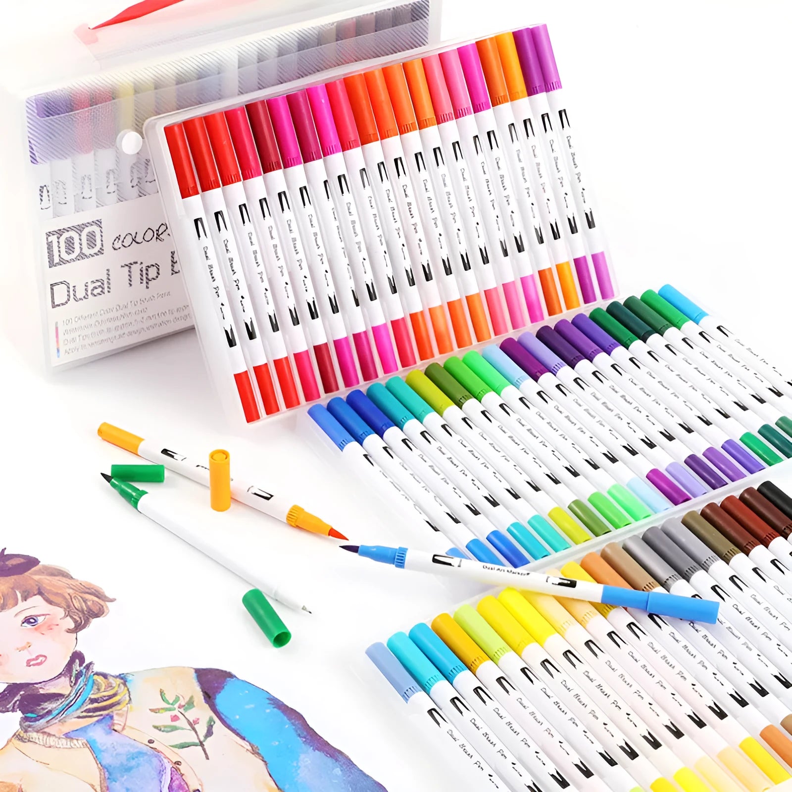 Set of watercolour pens in a plastic casing, showing nib tips, available in 48, 60, 72 and 100 colour sets.