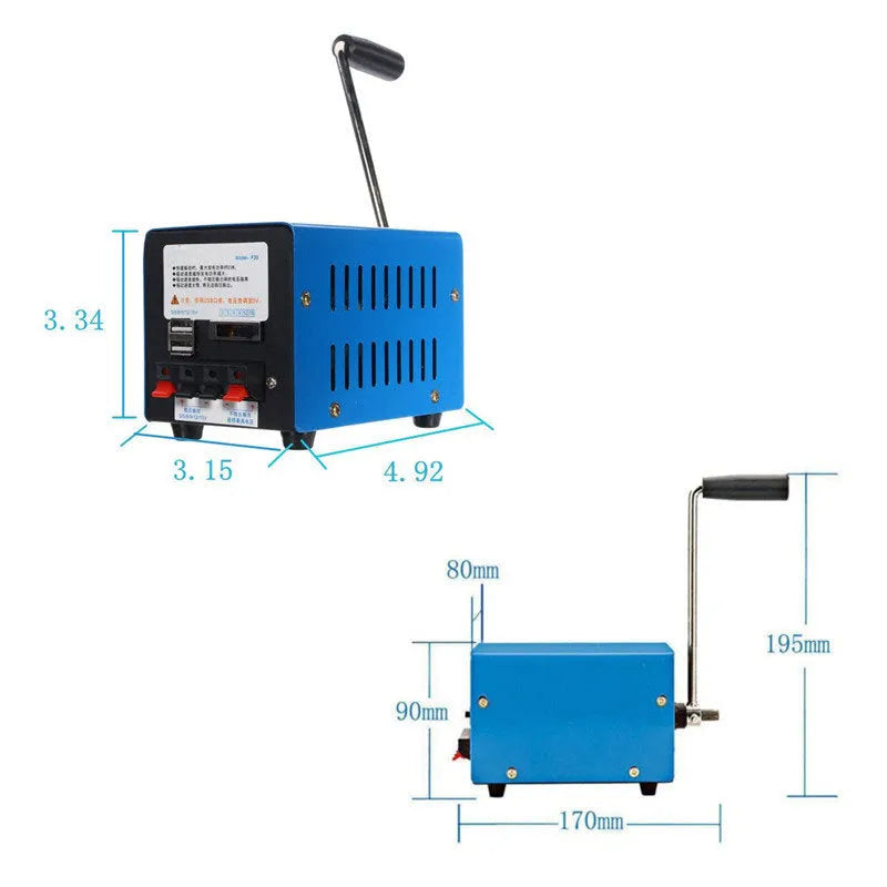 Blue metal hand crank emergency USB power generator showing handle and output ports.