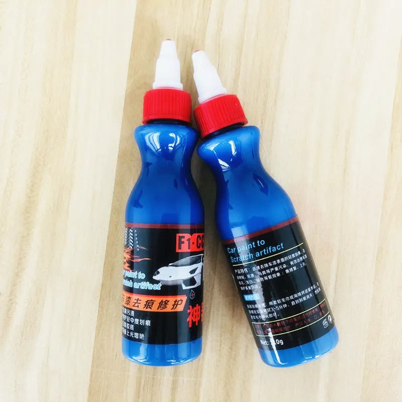 Blue automotive scratch repair agent with wiping tool for car paint restoration