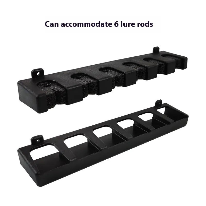 Black ABS plastic wall-mounted fishing rod holder rack in horizontal and upright frame styles